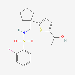 molecular formula C18H22FNO3S2 B2523755 2-フルオロ-N-((1-(5-(1-ヒドロキシエチル)チオフェン-2-イル)シクロペンチル)メチル)ベンゼンスルホンアミド CAS No. 2034343-83-2