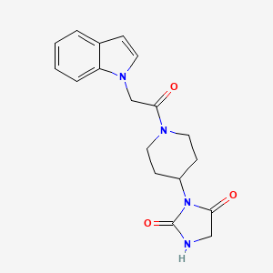 molecular formula C18H20N4O3 B2523759 3-(1-(2-(1H-indol-1-yl)acetyl)piperidin-4-yl)imidazolidine-2,4-dione CAS No. 2034443-12-2