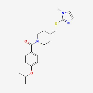 molecular formula C20H27N3O2S B2523778 (4-isopropoxyphenyl)(4-(((1-methyl-1H-imidazol-2-yl)thio)methyl)piperidin-1-yl)methanone CAS No. 1428364-13-9