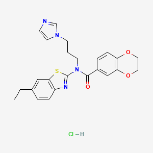 molecular formula C24H25ClN4O3S B2523807 N-(3-(1H-imidazol-1-yl)propyl)-N-(6-ethylbenzo[d]thiazol-2-yl)-2,3-dihydrobenzo[b][1,4]dioxine-6-carboxamide hydrochloride CAS No. 1217001-01-8