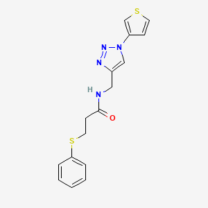 molecular formula C16H16N4OS2 B2523835 3-(phenylthio)-N-((1-(thiophen-3-yl)-1H-1,2,3-triazol-4-yl)methyl)propanamide CAS No. 2034385-71-0