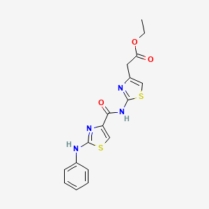 molecular formula C17H16N4O3S2 B2523851 乙基2-(2-(2-(苯胺基)噻唑-4-甲酰胺)噻唑-4-基)乙酸酯 CAS No. 1171014-85-9