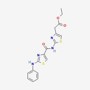 molecular formula C17H16N4O3S2 B2523851 Acetato de etilo 2-(2-(2-(fenilamino)tiazol-4-carboxamido)tiazol-4-il) CAS No. 1171014-85-9