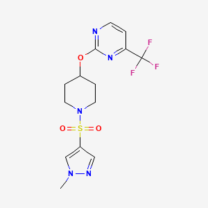 molecular formula C14H16F3N5O3S B2523873 2-[1-(1-Methylpyrazol-4-yl)sulfonylpiperidin-4-yl]oxy-4-(trifluoromethyl)pyrimidine CAS No. 2380144-80-7
