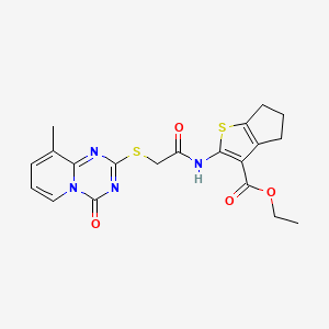 molecular formula C20H20N4O4S2 B2523874 ethyl 2-(2-((9-methyl-4-oxo-4H-pyrido[1,2-a][1,3,5]triazin-2-yl)thio)acetamido)-5,6-dihydro-4H-cyclopenta[b]thiophene-3-carboxylate CAS No. 896342-87-3