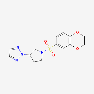 molecular formula C14H16N4O4S B2523900 2-(1-((2,3-dihydrobenzo[b][1,4]dioxin-6-yl)sulfonyl)pyrrolidin-3-yl)-2H-1,2,3-triazole CAS No. 2034410-02-9