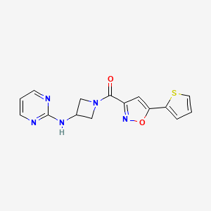 molecular formula C15H13N5O2S B2523952 (3-(Pyrimidin-2-ylamino)azetidin-1-yl)(5-(thiophen-2-yl)isoxazol-3-yl)methanone CAS No. 2176152-05-7