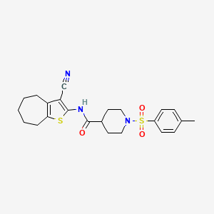 molecular formula C23H27N3O3S2 B2523963 N-(3-cyano-5,6,7,8-tetrahydro-4H-cyclohepta[b]thiophen-2-yl)-1-tosylpiperidine-4-carboxamide CAS No. 923443-36-1