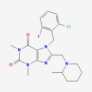 molecular formula C21H25ClFN5O2 B2523976 7-(2-chloro-6-fluorobenzyl)-1,3-dimethyl-8-[(2-methylpiperidin-1-yl)methyl]-3,7-dihydro-1H-purine-2,6-dione CAS No. 851938-48-2