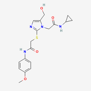 molecular formula C18H22N4O4S B2523994 2-{[1-[2-(环丙氨基)-2-氧代乙基]-5-(羟甲基)-1H-咪唑-2-基]硫代}-N-(4-甲氧基苯基)乙酰胺 CAS No. 923173-49-3