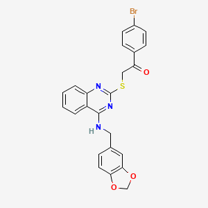 molecular formula C24H18BrN3O3S B2524027 2-[4-(1,3-苯并二氧杂环戊-5-基甲氨基)喹唑啉-2-基]硫代-1-(4-溴苯基)乙酮 CAS No. 896698-53-6