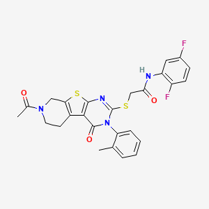 molecular formula C26H22F2N4O3S2 B2524092 2-((7-acetyl-4-oxo-3-(o-tolyl)-3,4,5,6,7,8-hexahydropyrido[4',3':4,5]thieno[2,3-d]pyrimidin-2-yl)thio)-N-(2,5-difluorophenyl)acetamide CAS No. 1189886-74-5