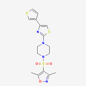 molecular formula C16H18N4O3S3 B2524105 3,5-二甲基-4-((4-(4-(噻吩-3-基)噻唑-2-基)哌嗪-1-基)磺酰基)异噁唑 CAS No. 1448066-04-3