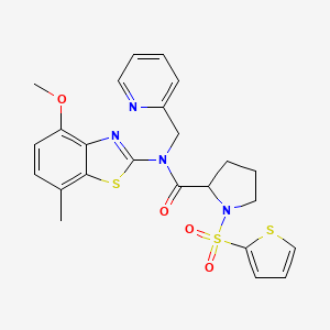 molecular formula C24H24N4O4S3 B2524132 N-(4-methoxy-7-methylbenzo[d]thiazol-2-yl)-N-(pyridin-2-ylmethyl)-1-(thiophen-2-ylsulfonyl)pyrrolidine-2-carboxamide CAS No. 1101177-81-4