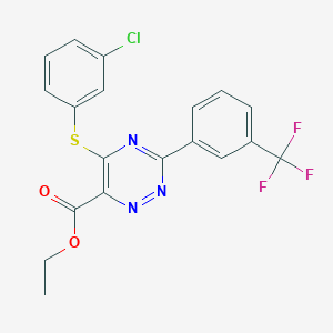 molecular formula C19H13ClF3N3O2S B2524156 Ethyl 5-[(3-chlorophenyl)sulfanyl]-3-[3-(trifluoromethyl)phenyl]-1,2,4-triazine-6-carboxylate CAS No. 338957-58-7