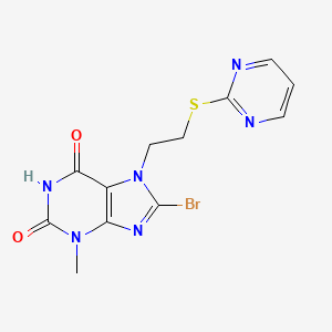 molecular formula C12H11BrN6O2S B2524209 8-Bromo-3-methyl-7-(2-pyrimidin-2-ylthioethyl)-1,3,7-trihydropurine-2,6-dione CAS No. 476482-16-3