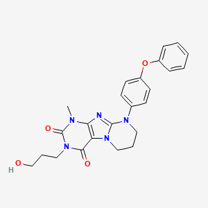 molecular formula C24H25N5O4 B2524214 3-(3-hydroxypropyl)-1-methyl-9-(4-phenoxyphenyl)-6,7,8,9-tetrahydropyrimido[2,1-f]purine-2,4(1H,3H)-dione CAS No. 873076-89-2