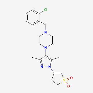 molecular formula C20H27ClN4O2S B2524278 1,1-dioxyde de tétrahydrothiophène-3-(4-(4-(2-chlorobenzyl)pipérazin-1-yl)-3,5-diméthyl-1H-pyrazol-1-yl) CAS No. 1351631-87-2