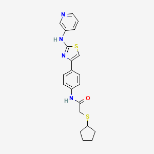 molecular formula C21H22N4OS2 B2524283 2-(シクロペンチルチオ)-N-(4-(2-(ピリジン-3-イルアミノ)チアゾール-4-イル)フェニル)アセトアミド CAS No. 1797160-65-6