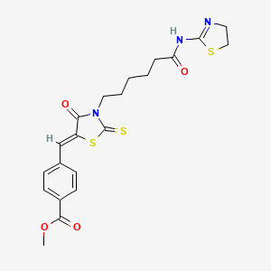molecular formula C21H23N3O4S3 B2524293 (Z)-甲基4-((3-(6-((4,5-二氢噻唑-2-基)氨基)-6-氧代己基)-4-氧代-2-硫代噻唑烷-5-亚甲基)甲基)苯甲酸酯 CAS No. 613225-67-5