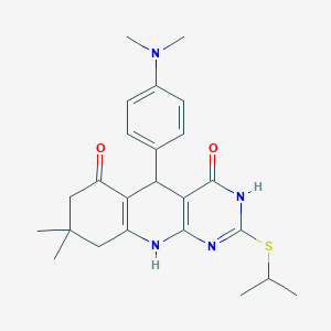 molecular formula C24H30N4O2S B2524308 5-(4-(dimethylamino)phenyl)-2-(isopropylthio)-8,8-dimethyl-7,8,9,10-tetrahydropyrimido[4,5-b]quinoline-4,6(3H,5H)-dione CAS No. 627048-81-1