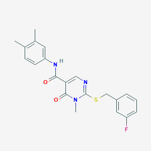 molecular formula C21H20FN3O2S B2524347 N-(3,4-dimethylphenyl)-2-[(3-fluorophenyl)methylsulfanyl]-1-methyl-6-oxopyrimidine-5-carboxamide CAS No. 878064-71-2
