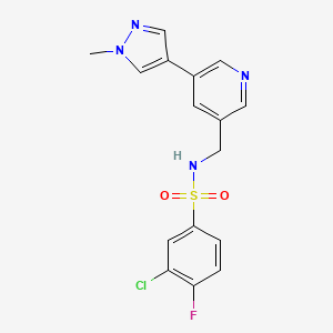 molecular formula C16H14ClFN4O2S B2524355 3-chloro-4-fluoro-N-((5-(1-methyl-1H-pyrazol-4-yl)pyridin-3-yl)methyl)benzenesulfonamide CAS No. 2034462-45-6