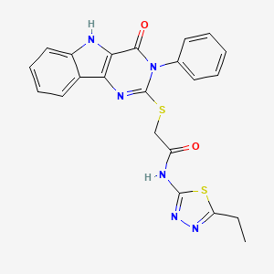 molecular formula C22H18N6O2S2 B2524369 N-(5-ethyl-1,3,4-thiadiazol-2-yl)-2-((4-oxo-3-phenyl-4,5-dihydro-3H-pyrimido[5,4-b]indol-2-yl)thio)acetamide CAS No. 537668-73-8