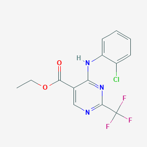 molecular formula C14H11ClF3N3O2 B2524597 Ethyl 4-(2-chloroanilino)-2-(trifluoromethyl)-5-pyrimidinecarboxylate CAS No. 742-37-0