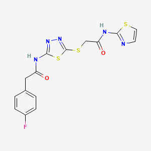 molecular formula C15H12FN5O2S3 B2524650 2-(4-氟苯基)-N-(5-((2-氧代-2-(噻唑-2-氨基)乙基)硫代)-1,3,4-噻二唑-2-基)乙酰胺 CAS No. 477214-81-6