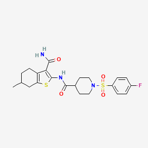molecular formula C22H26FN3O4S2 B2524851 N-(3-carbamoyl-6-methyl-4,5,6,7-tetrahydrobenzo[b]thiophen-2-yl)-1-((4-fluorophenyl)sulfonyl)piperidine-4-carboxamide CAS No. 923416-37-9