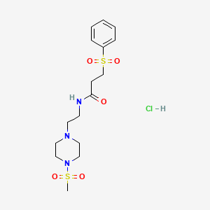 molecular formula C16H26ClN3O5S2 B2524866 N-(2-(4-(methylsulfonyl)piperazin-1-yl)ethyl)-3-(phenylsulfonyl)propanamide hydrochloride CAS No. 2034478-80-1