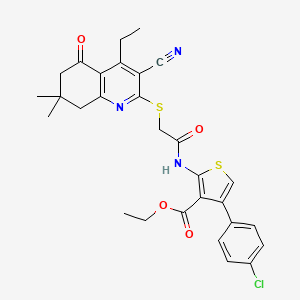 molecular formula C29H28ClN3O4S2 B2524935 4-(4-氯苯基)-2-[[2-[(3-氰基-4-乙基-7,7-二甲基-5-氧代-6,8-二氢喹啉-2-基)硫代]乙酰]氨基]噻吩-3-羧酸乙酯 CAS No. 670272-90-9