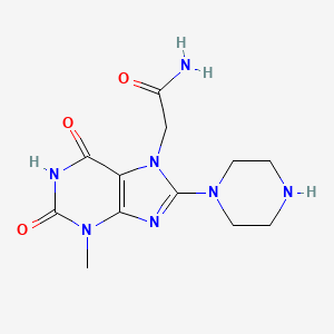 molecular formula C12H17N7O3 B2525030 2-(3-Methyl-2,6-dioxo-8-piperazin-1-ylpurin-7-yl)acetamide CAS No. 477333-71-4