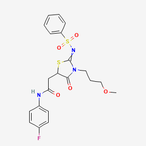 molecular formula C21H22FN3O5S2 B2525109 2-[2-(苯磺酰亚氨基)-3-(3-甲氧基丙基)-4-氧代-1,3-噻唑烷-5-基]-N-(4-氟苯基)乙酰胺 CAS No. 620568-52-7