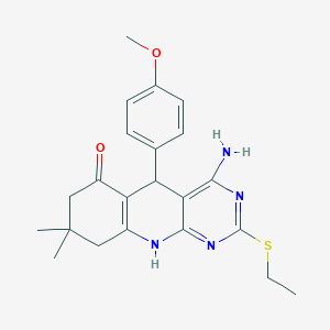 molecular formula C22H26N4O2S B2525124 4-氨基-2-(乙硫基)-5-(4-甲氧基苯基)-8,8-二甲基-5,8,9,10-四氢吡啶并[4,5-b]喹啉-6(7H)-酮 CAS No. 877818-96-7