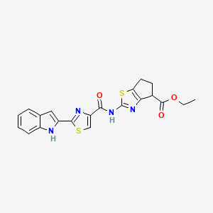 molecular formula C21H18N4O3S2 B2525126 ethyl 2-(2-(1H-indol-2-yl)thiazole-4-carboxamido)-5,6-dihydro-4H-cyclopenta[d]thiazole-4-carboxylate CAS No. 1171630-02-6