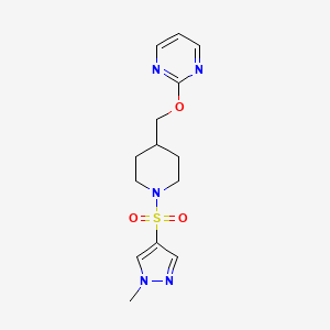molecular formula C14H19N5O3S B2525200 2-[[1-(1-Methylpyrazol-4-yl)sulfonylpiperidin-4-yl]methoxy]pyrimidine CAS No. 2380042-78-2