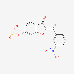 molecular formula C16H11NO7S B2525204 （Z）-2-(3-硝基苄叉亚甲基)-3-氧代-2,3-二氢苯并呋喃-6-基甲磺酸盐 CAS No. 674813-89-9