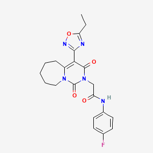 molecular formula C21H22FN5O4 B2525258 2-[4-(5-ethyl-1,2,4-oxadiazol-3-yl)-1,3-dioxo-3,5,6,7,8,9-hexahydropyrimido[1,6-a]azepin-2(1H)-yl]-N-(4-fluorophenyl)acetamide CAS No. 1775338-08-3