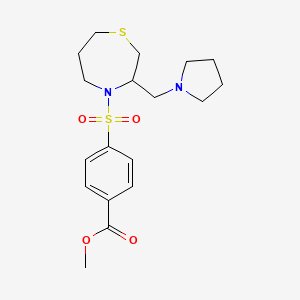 molecular formula C18H26N2O4S2 B2525265 Methyl 4-((3-(pyrrolidin-1-ylmethyl)-1,4-thiazepan-4-yl)sulfonyl)benzoate CAS No. 1421515-89-0