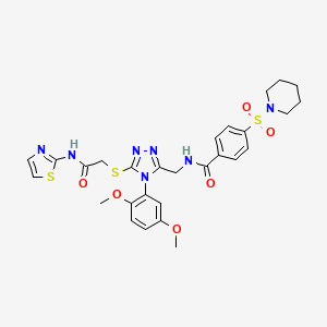 molecular formula C28H31N7O6S3 B2525281 N-((4-(2,5-dimethoxyphenyl)-5-((2-oxo-2-(thiazol-2-ylamino)ethyl)thio)-4H-1,2,4-triazol-3-yl)methyl)-4-(piperidin-1-ylsulfonyl)benzamide CAS No. 309969-50-4