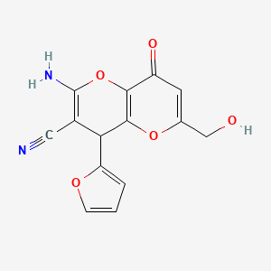molecular formula C14H10N2O5 B2525291 2-Amino-4-(furan-2-yl)-6-(hydroxymethyl)-8-oxo-4,8-dihydropyrano[3,2-b]pyran-3-carbonitrile CAS No. 873570-71-9