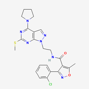 molecular formula C23H24ClN7O2S B2525303 3-(2-chlorophenyl)-5-methyl-N-(2-(6-(methylthio)-4-(pyrrolidin-1-yl)-1H-pyrazolo[3,4-d]pyrimidin-1-yl)ethyl)isoxazole-4-carboxamide CAS No. 953975-71-8