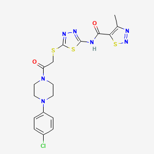 molecular formula C18H18ClN7O2S3 B2525331 N-(5-((2-(4-(4-chlorophenyl)piperazin-1-yl)-2-oxoethyl)thio)-1,3,4-thiadiazol-2-yl)-4-methyl-1,2,3-thiadiazole-5-carboxamide CAS No. 1351659-53-4