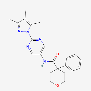 molecular formula C22H25N5O2 B2525349 4-苯基-N-(2-(3,4,5-三甲基-1H-吡唑-1-基)嘧啶-5-基)四氢-2H-吡喃-4-甲酰胺 CAS No. 2326263-82-3
