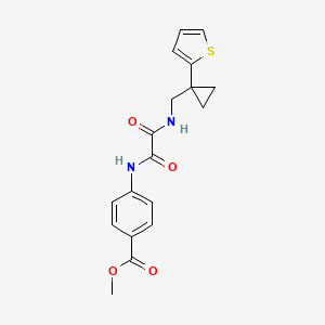 molecular formula C18H18N2O4S B2525388 Methyl 4-(2-oxo-2-(((1-(thiophen-2-yl)cyclopropyl)methyl)amino)acetamido)benzoate CAS No. 1207022-88-5