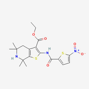 molecular formula C19H23N3O5S2 B2525498 Ethyl 5,5,7,7-tetramethyl-2-(5-nitrothiophene-2-carboxamido)-4,5,6,7-tetrahydrothieno[2,3-c]pyridine-3-carboxylate CAS No. 864860-32-2