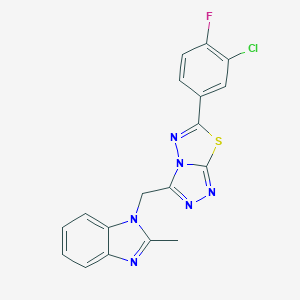 molecular formula C18H12ClFN6S B252550 1-{[6-(3-chloro-4-fluorophenyl)[1,2,4]triazolo[3,4-b][1,3,4]thiadiazol-3-yl]methyl}-2-methyl-1H-benzimidazole 