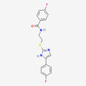 molecular formula C18H15F2N3OS B2525502 4-fluoro-N-(2-((5-(4-fluorophenyl)-1H-imidazol-2-yl)thio)ethyl)benzamide CAS No. 897455-89-9